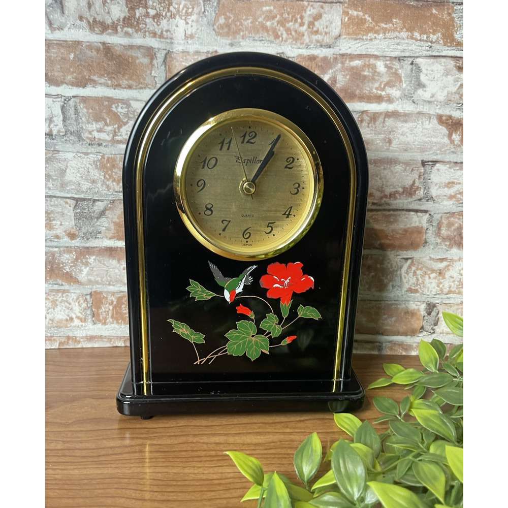 Vintage 1980s Papillon Quartz Mantel Table Clock Black Lacquer Clock Dome Shape